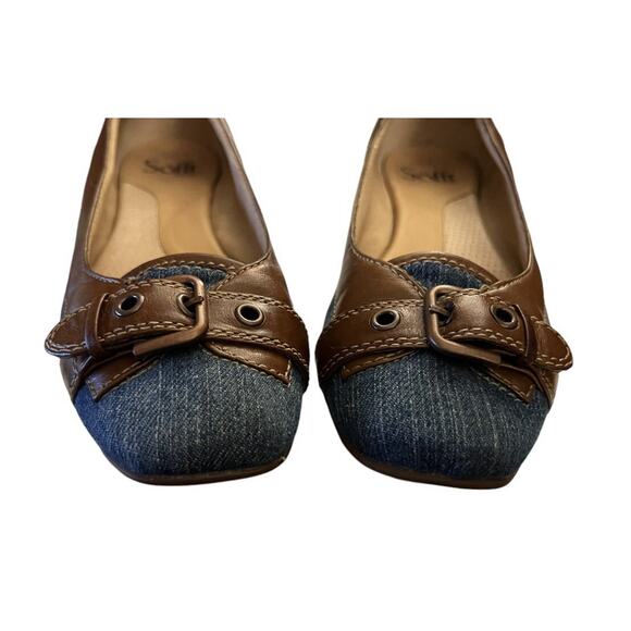 Sofft Flats Brown Leather Denim Blue Loafers Buckle Toe Womens 7.5 M Driving Moc - Picture 3 of 9